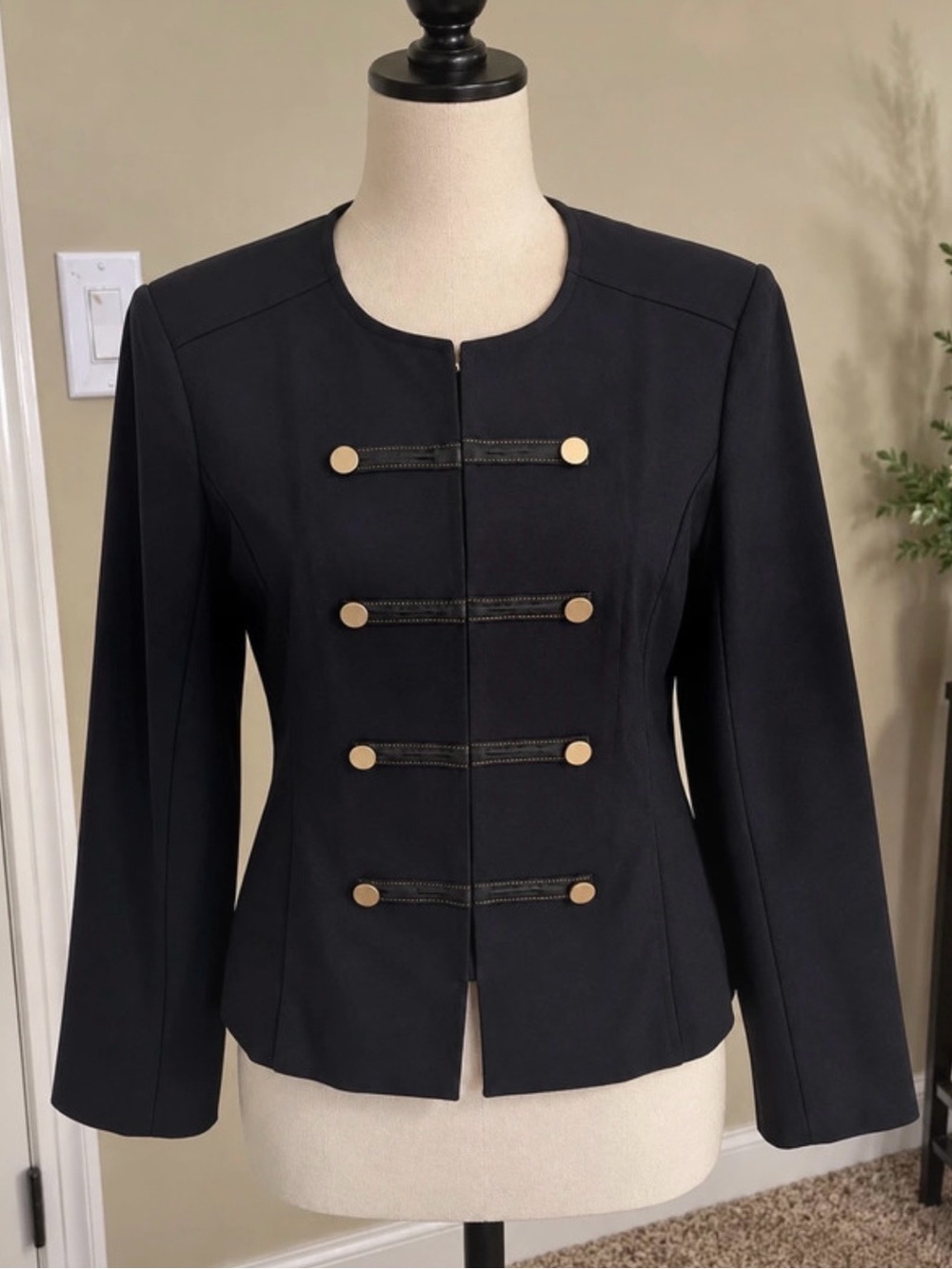 Chico's Black Military-Inspired Blazer with Gold Buttons